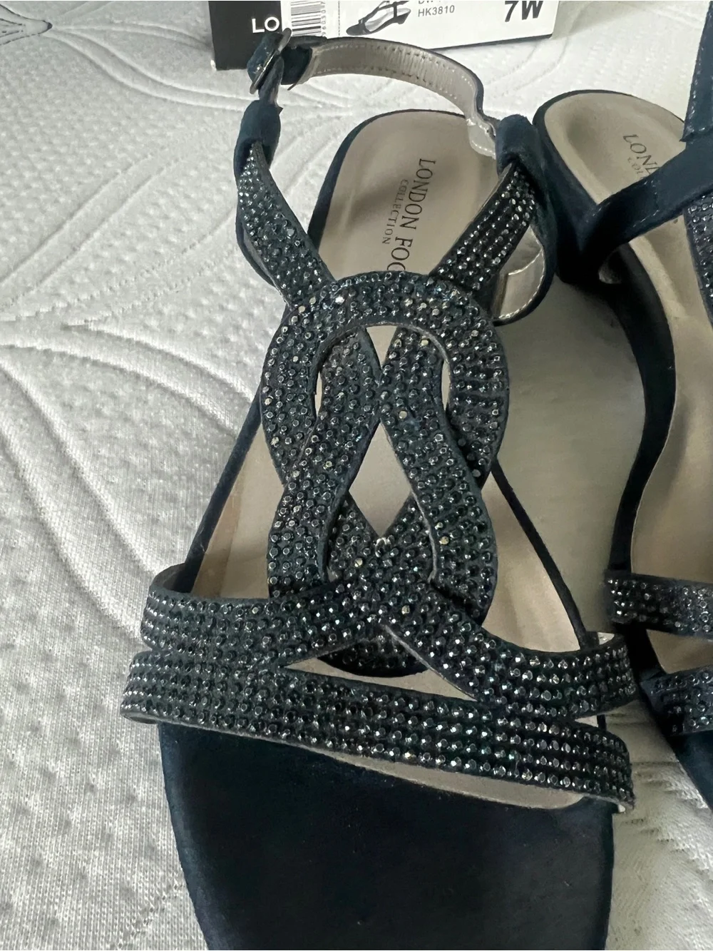 LONDON FOG Womens Macey Demi-Wedge Dress Sandals Women's Navy Rhinestone 7 Wide